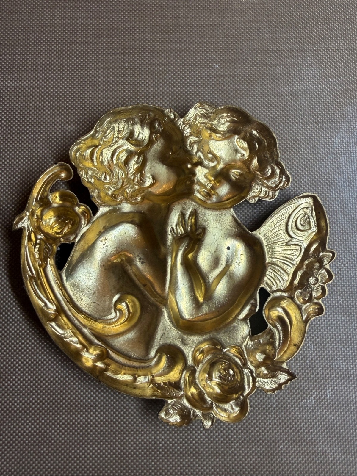 Large Vintage Brass Cherub Butterfly Wing Stamping 56mm Art Nouveau Jewelry Find