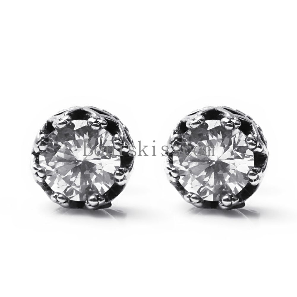 Women’s Men’s Round Crown Cubic Zirconia Silver Stainless Steel Stud Earrings