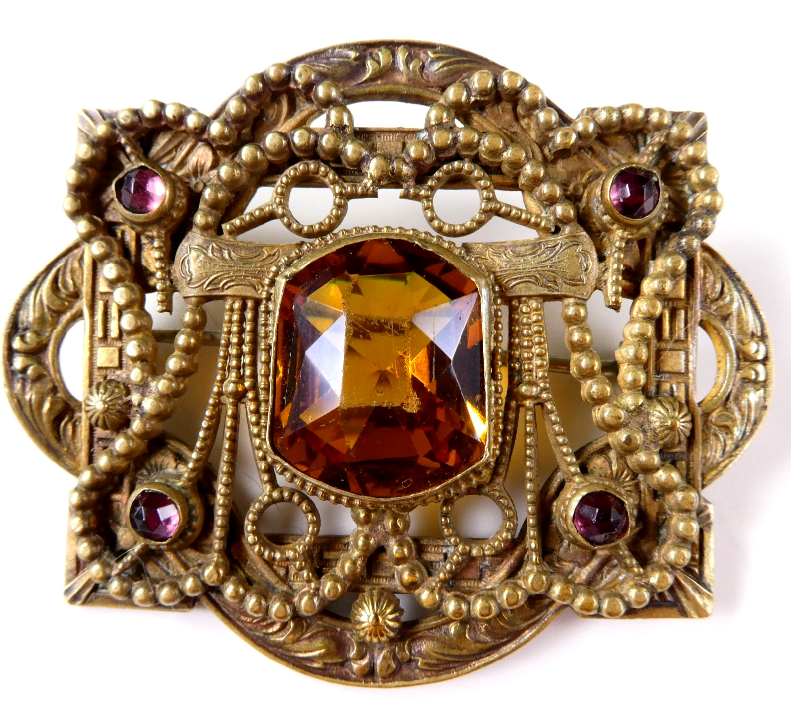 Vintage Czech Glass Filigree Brass Pin Brooch Faceted Orange Topaz Etruscan Rev