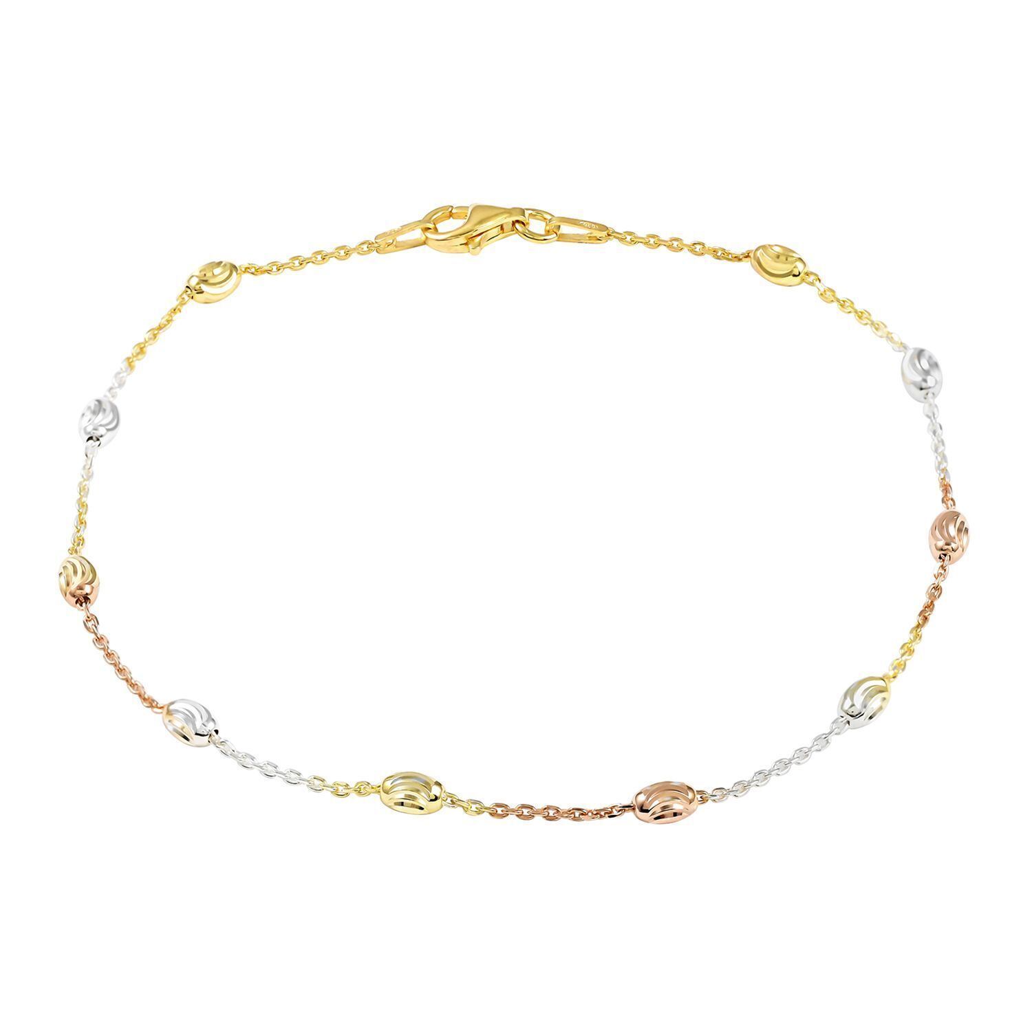 925 Sterling Silver Tri-Color Diamond Cut Station Oval Moon Anklet
