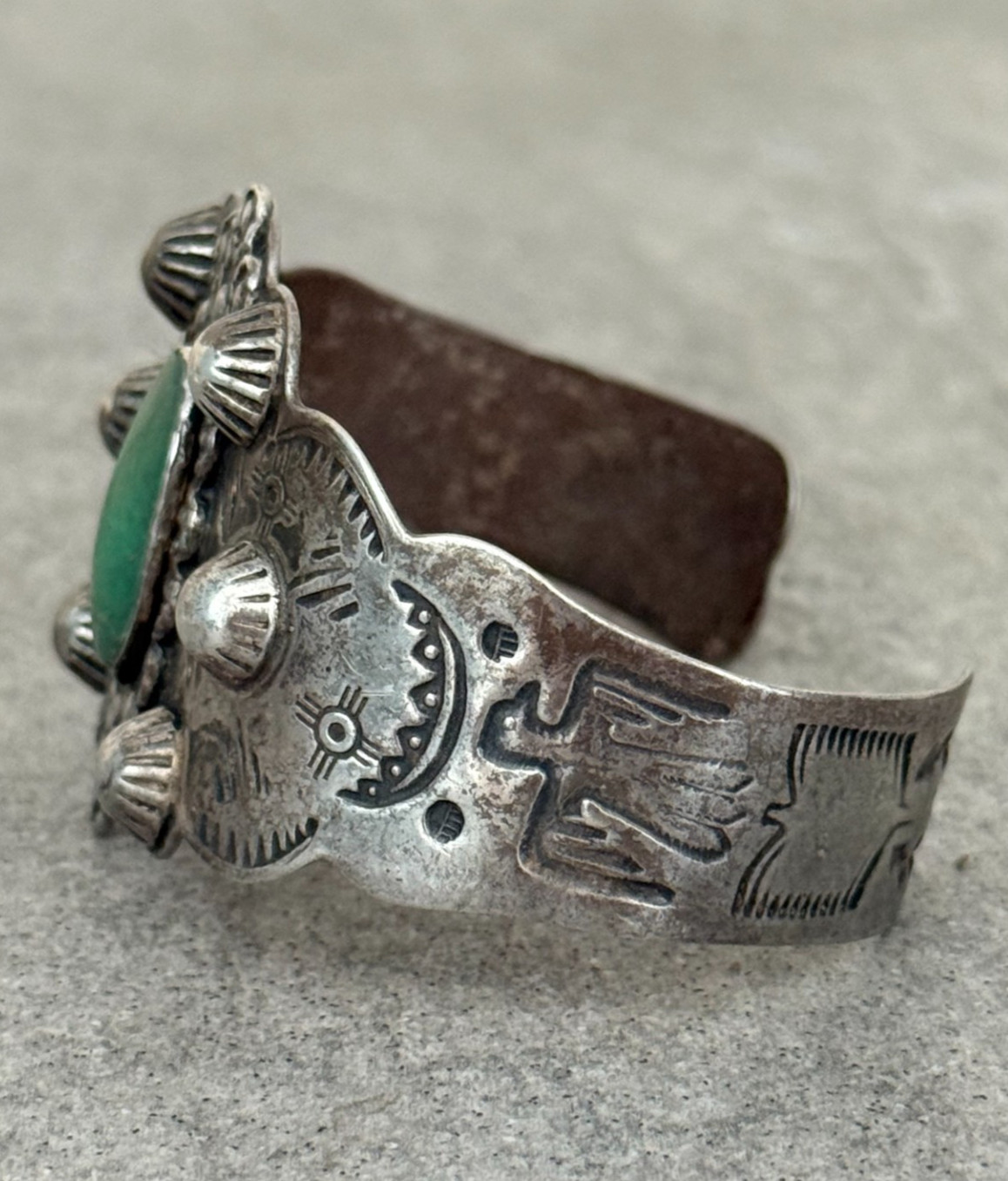 OLD FRED HARVEY era Navajo THUNDERBIRD Turquoise Sterling Bracelet 37+g 7.1 in
