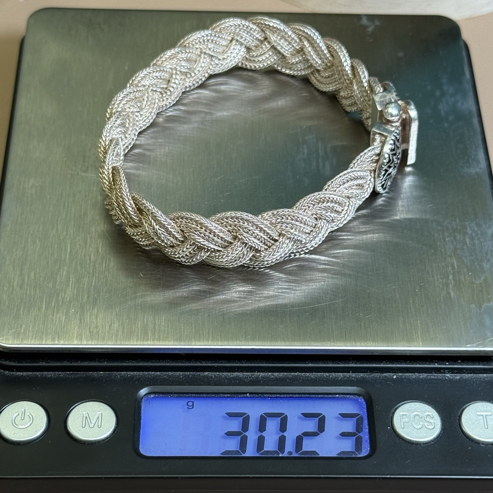 925 Sterling Silver Braided Mesh Bracelet 6.75” Slide Clasp 13.7mm