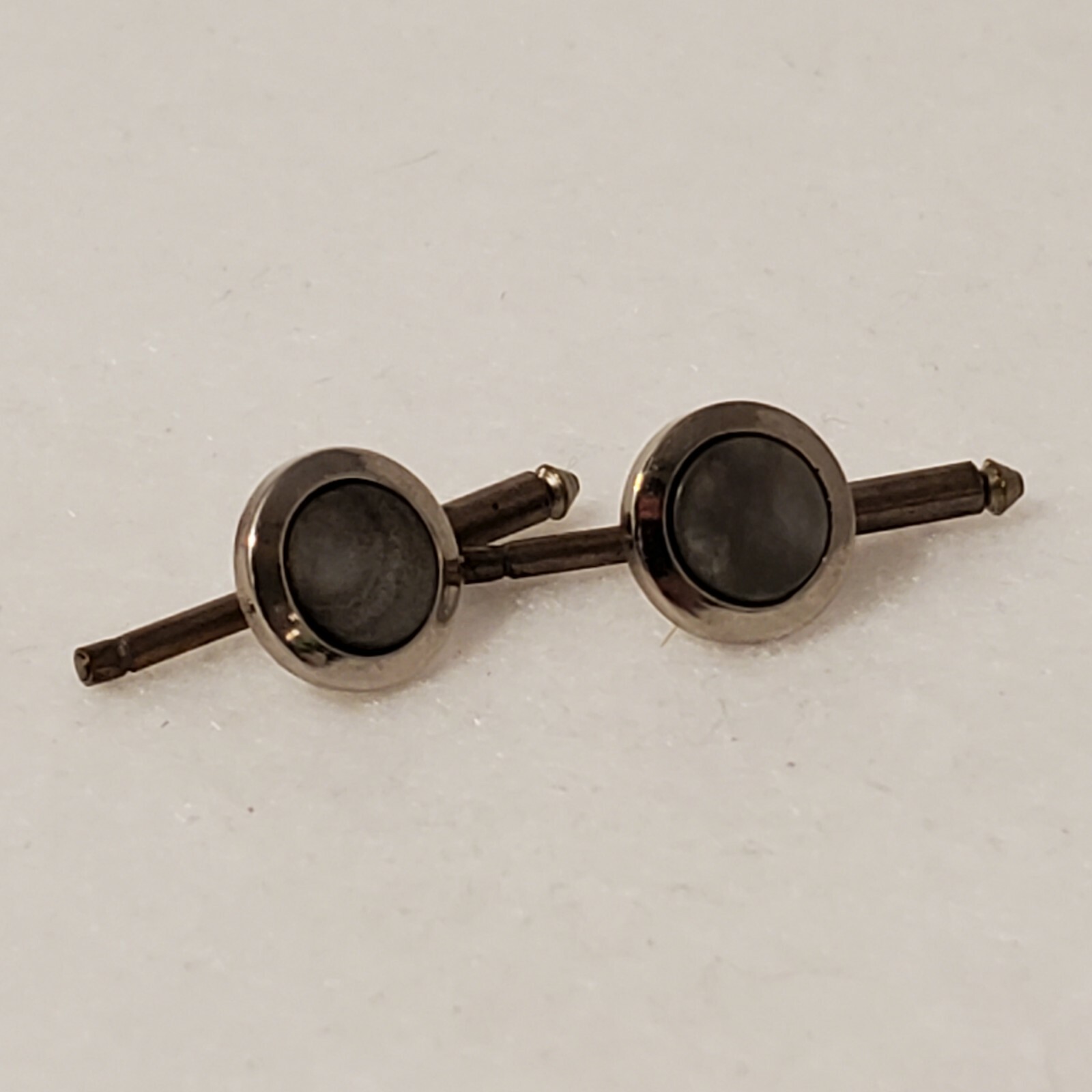 vtg cufflinks round pearlescent stone gray grey pull out pin about 1 inch long