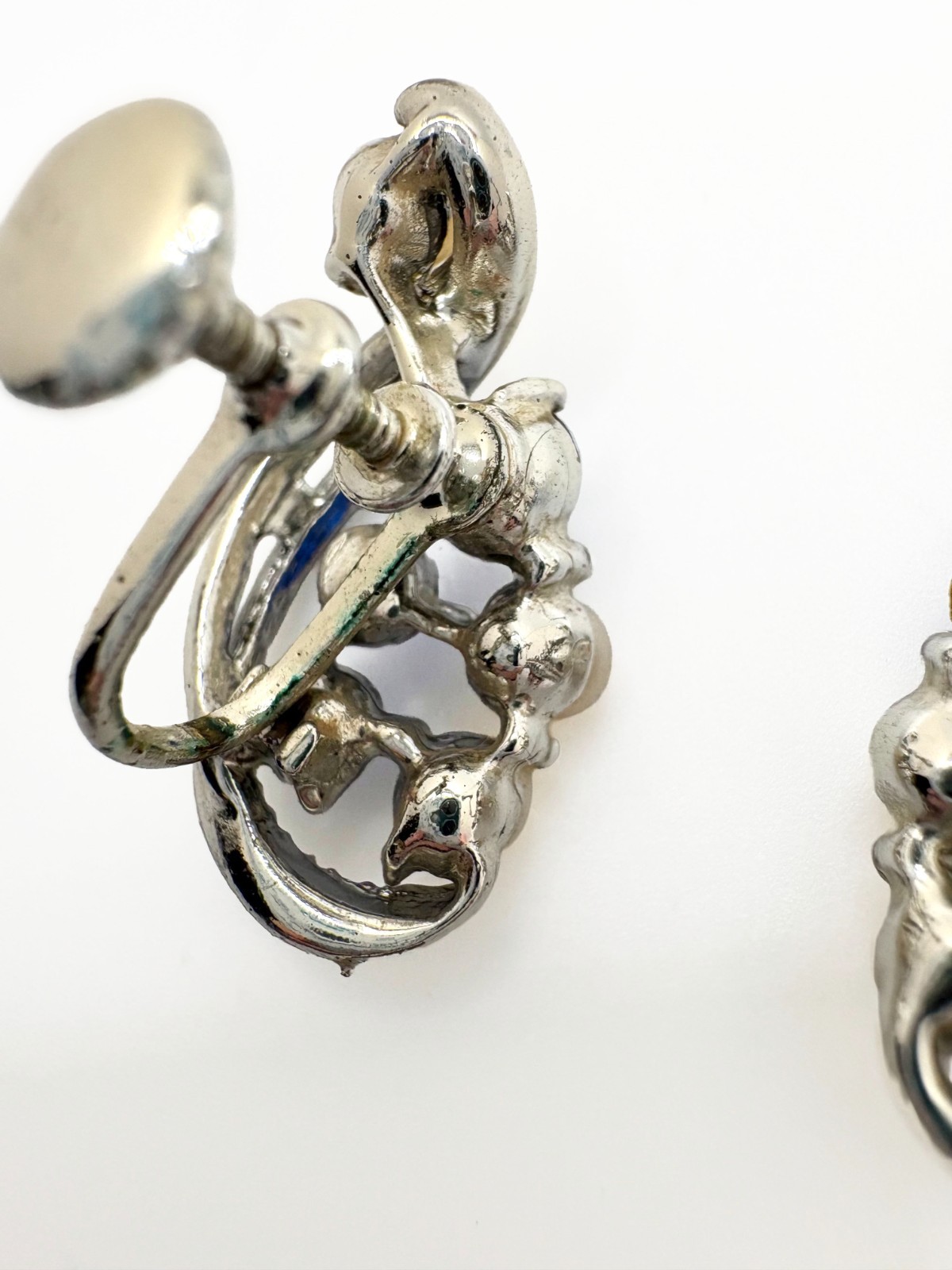 Vintage STAR Faux Pearl Blue Rhinestone Screwback Earrings Silver Tone Signed