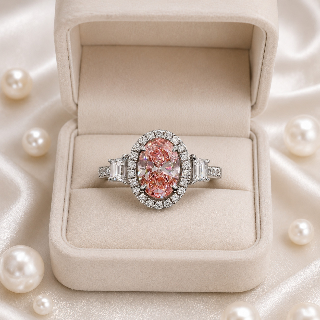 Fancy Vivid Pink Diamond Ring IGI Lab Created 5.00 Carat Oval Cut 18k White Gold