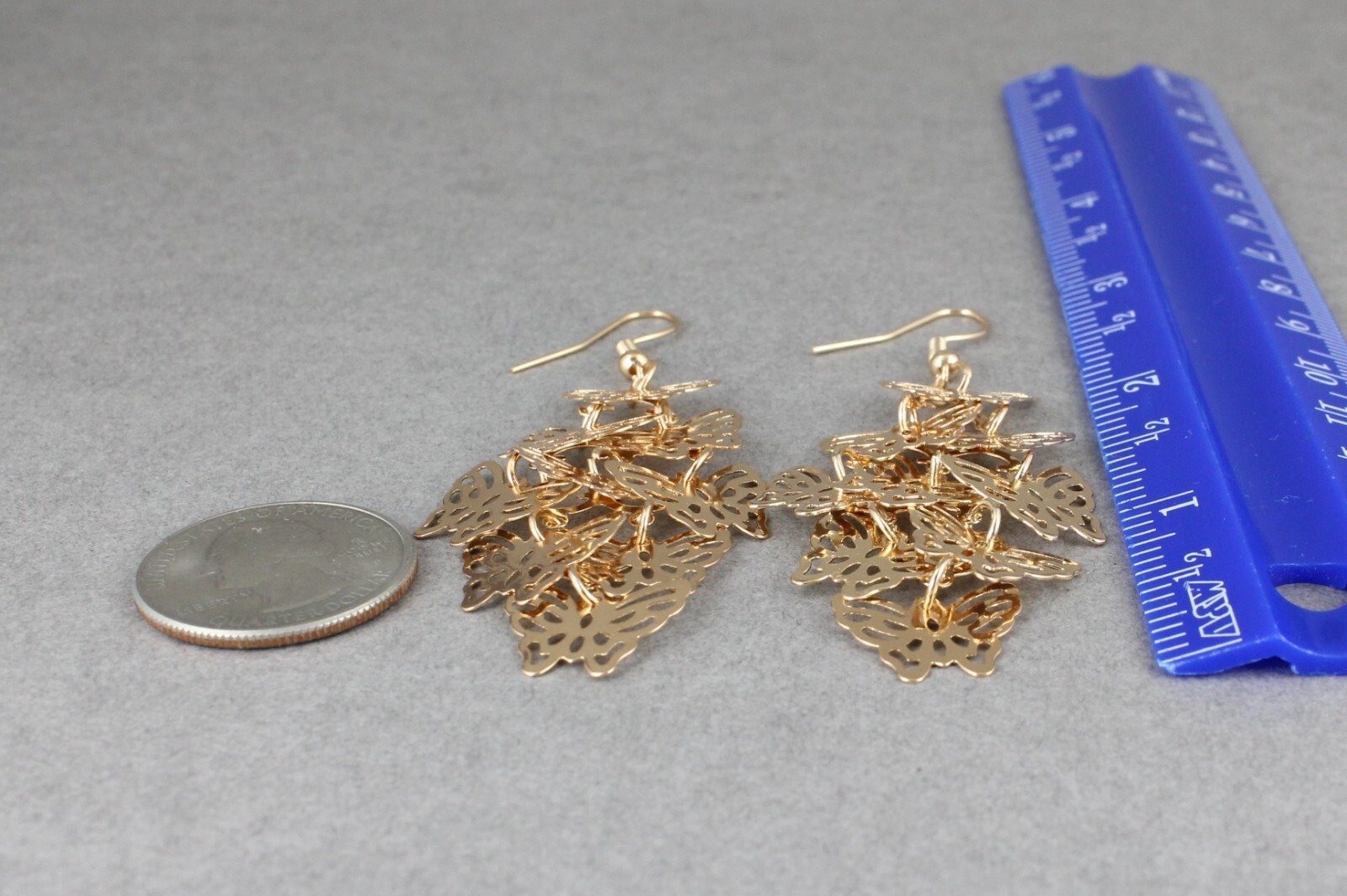 Gold chandelier earrings filigree butterfly dangle pendant wiggly 3″ long