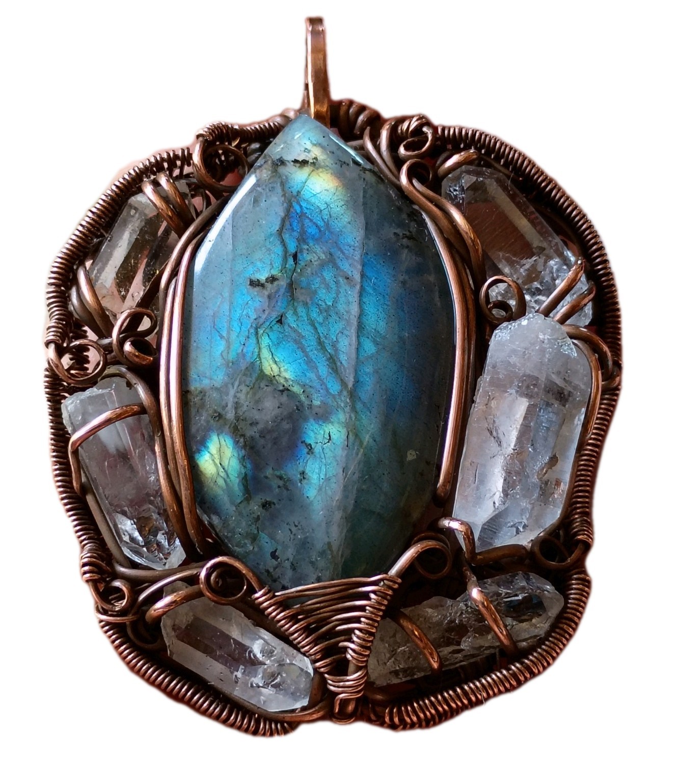 Labradorite Surrounded In Quartz Crystals Wirewrap Pendant Copper Statement