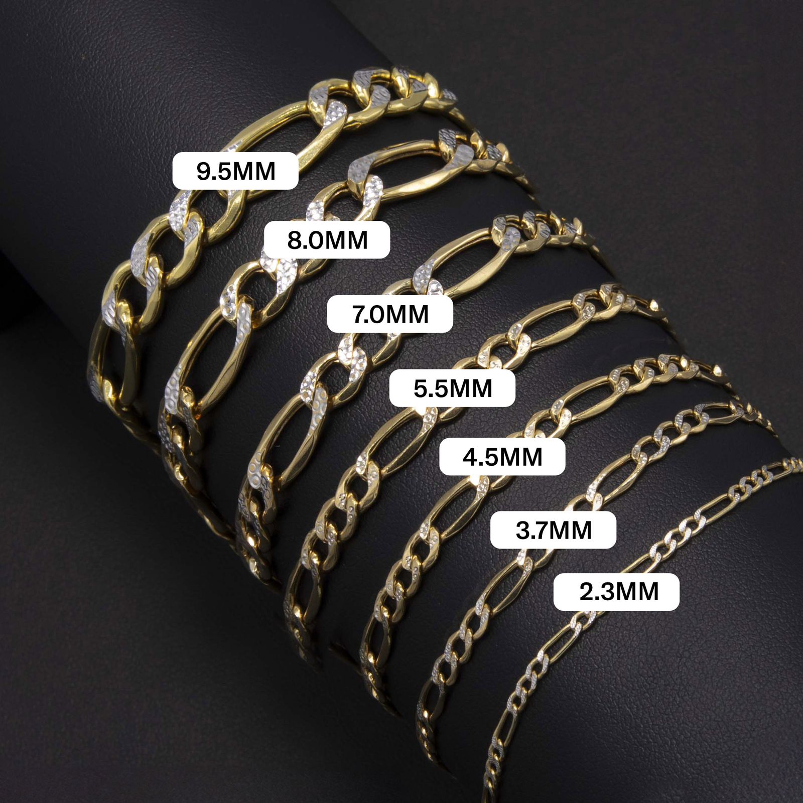 10K Yellow White Gold Diamond-Cut Figaro Link Chain Bracelet All Sizes