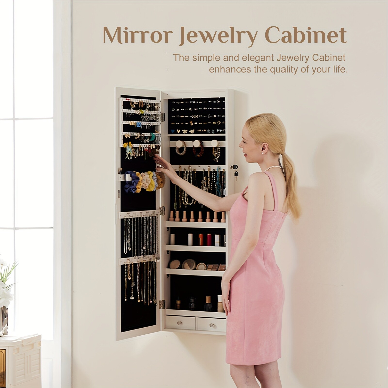 47.2-Inch Tall Lockable Wall Or Door Mounted Jewelry Cabinet With Mirror