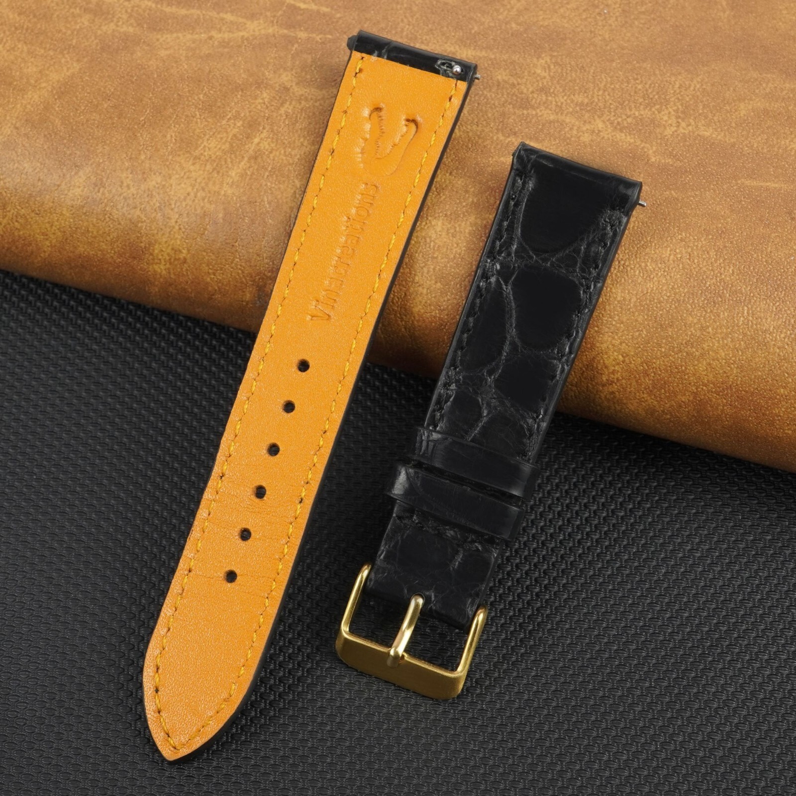 Black Flat Crocodile Leather Watch Band Real Crocodile Watch Strap Gold Buckle