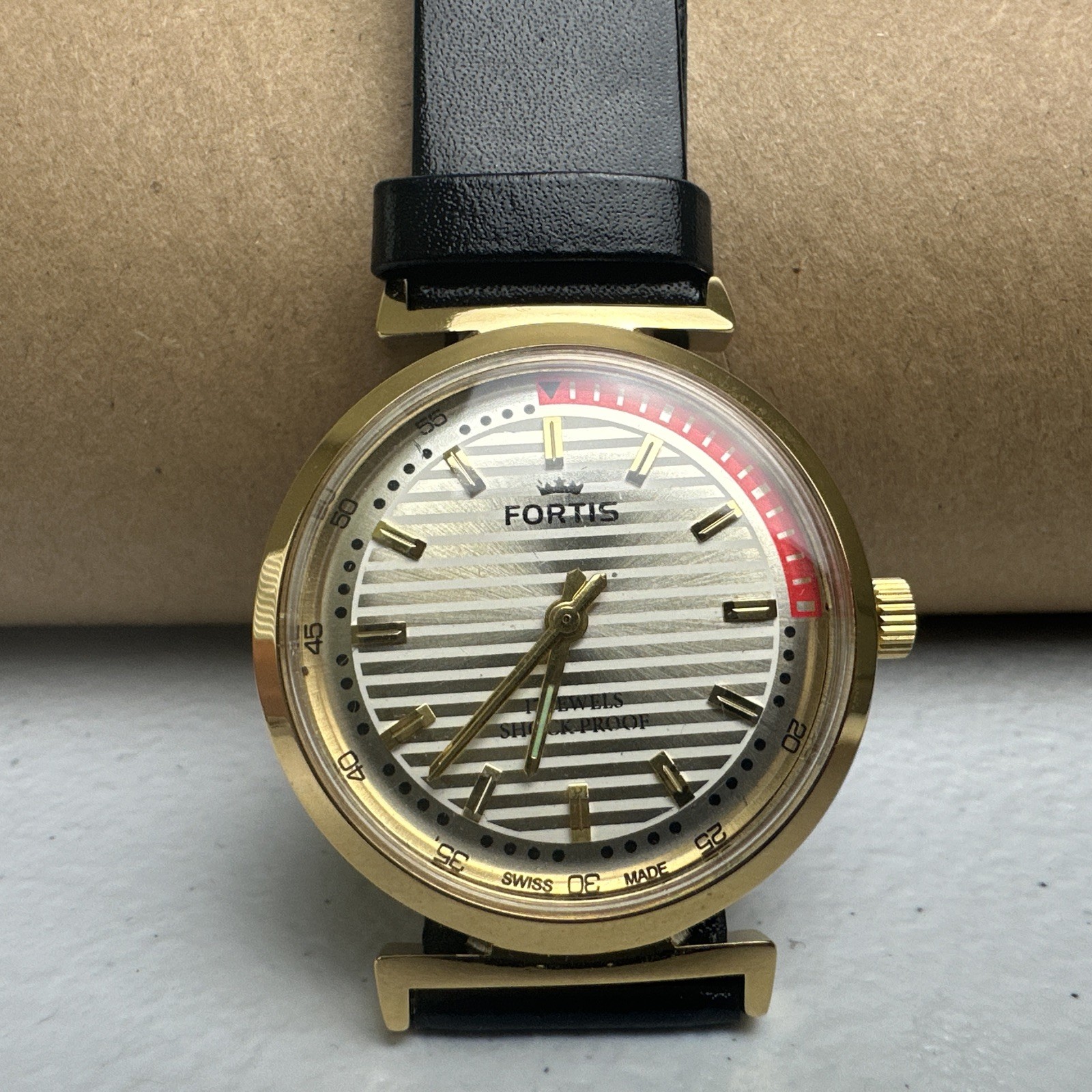 Vintage 1960s Fortis Gold White Red Dial Swiss Made Watch Runs Well