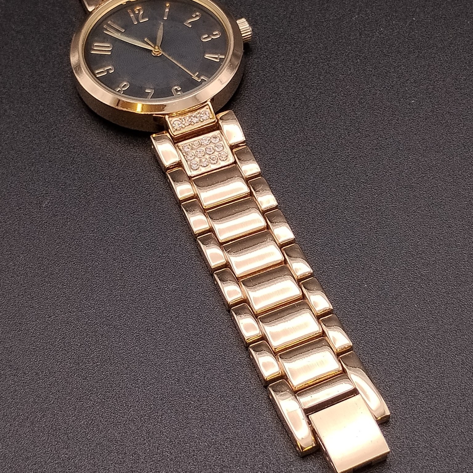 Gold Tone Crystal Accent Wristwatch Analog Dark Gray Dial Women’s Japan Movt
