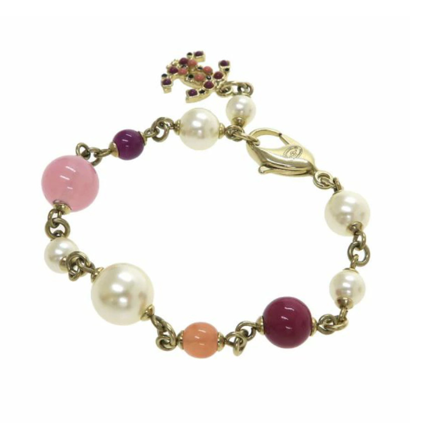 CHANEL CC Logo Multicolor Stone Pearl Bracelet 6.5″ Gold Tone 12P Auth #6767F