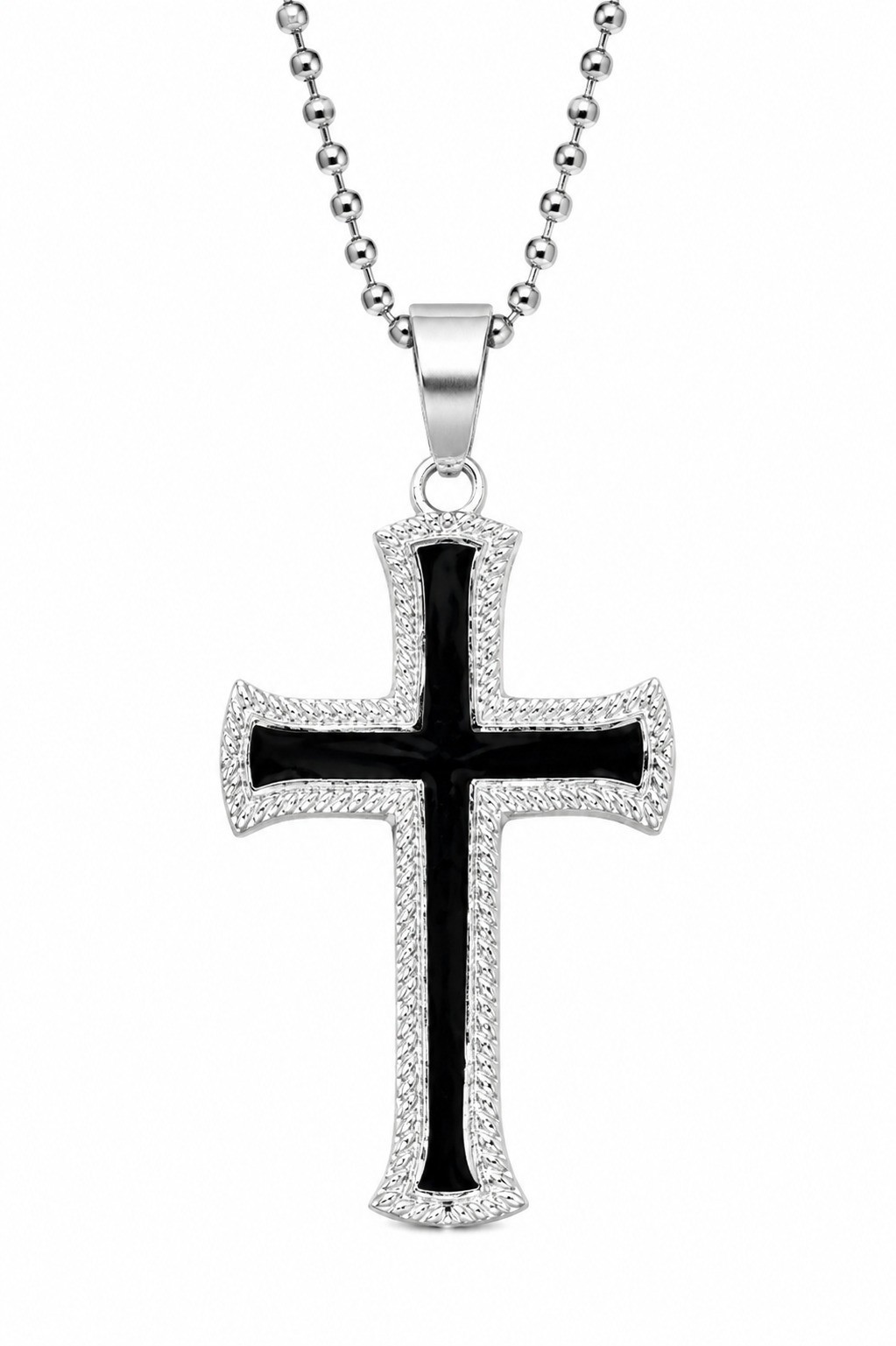 Mens Womens Silver Black Layer Cross Pendant Necklace Stainless Steel Chain 24″