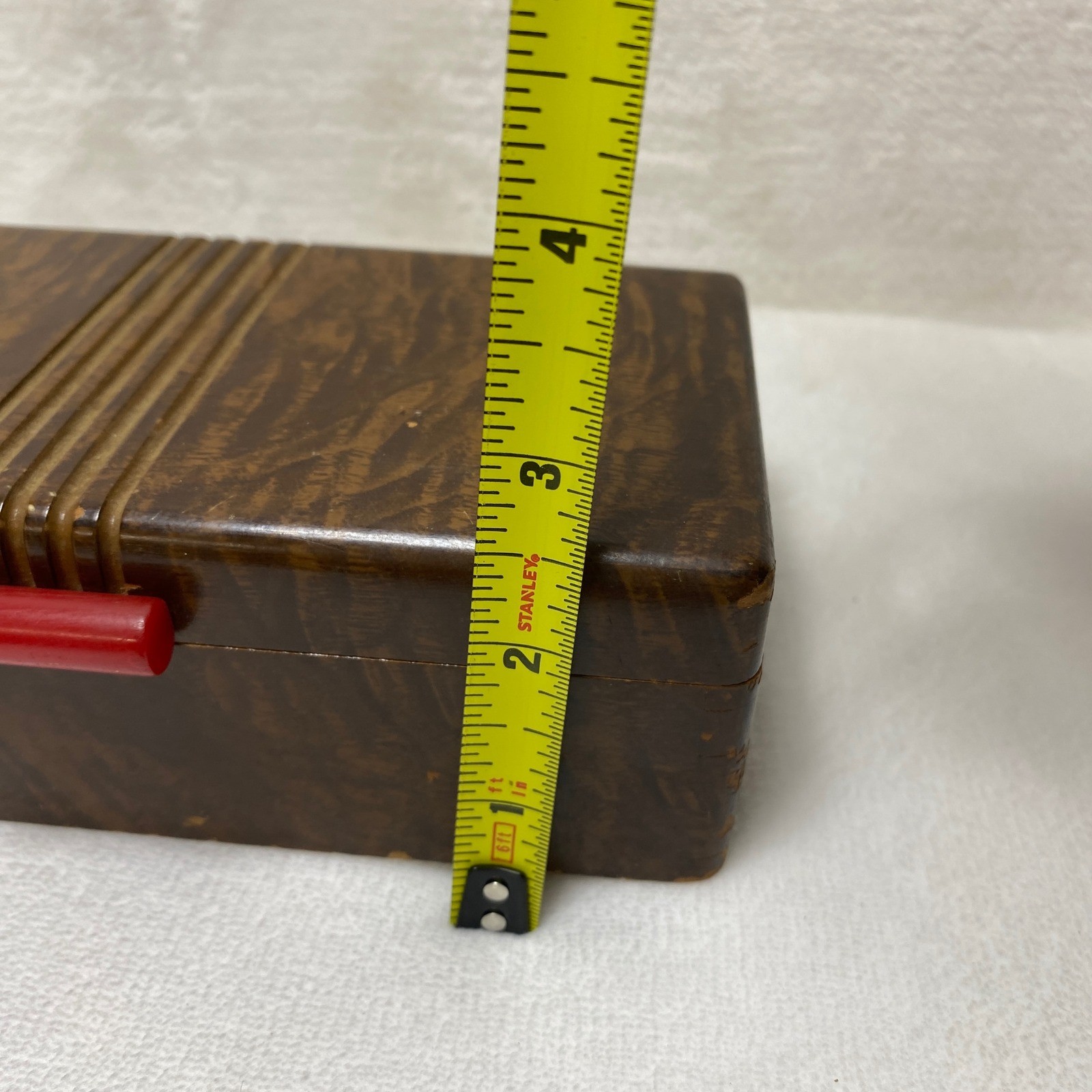 Vintage Bakelite Red Handle Wood Grain Jewelry Trinket Box Art Deco Storage