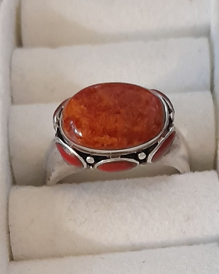 Vintage CFJ Thai 925 Sterling Orange Sponge Coral Statement Ring 4.9g sz 8.5