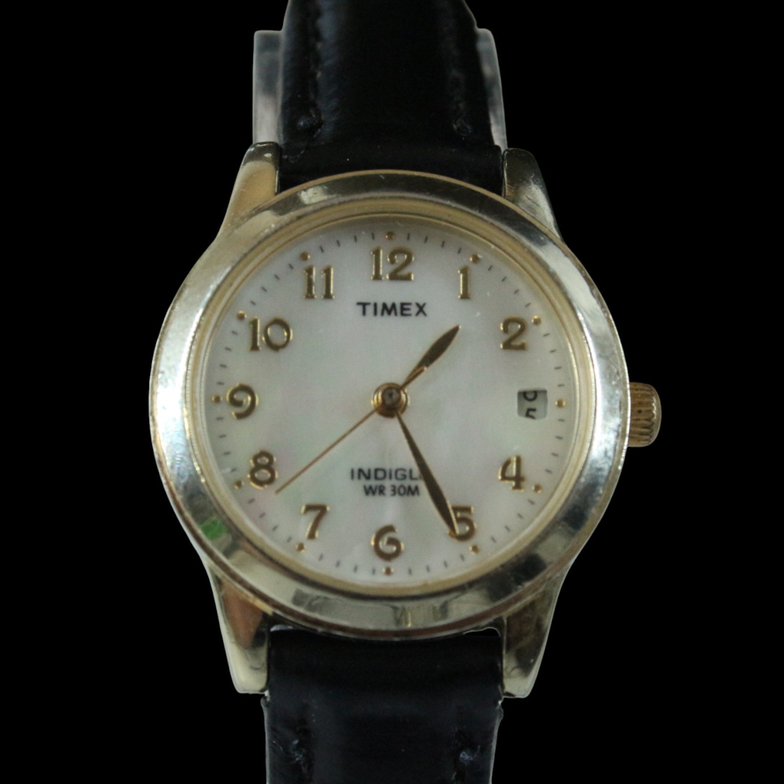 Timex Watch Lot Indiglo Easy Reader Gold & Black Leather Vintage MOP Pearl Work
