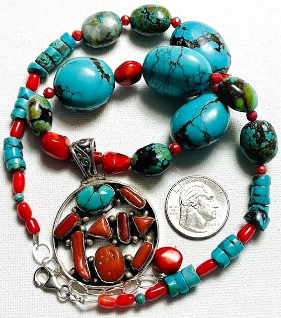 Handcrafted Turquoise & Red Coral Bead Sterling Silver Nepal Pendant Necklace