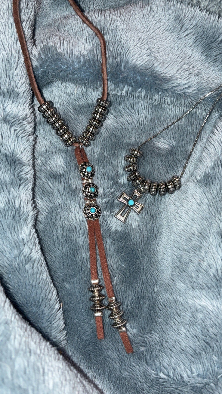 Western Brown Leather Cord Lariat Beaded Necklace & sterling silver necklace
