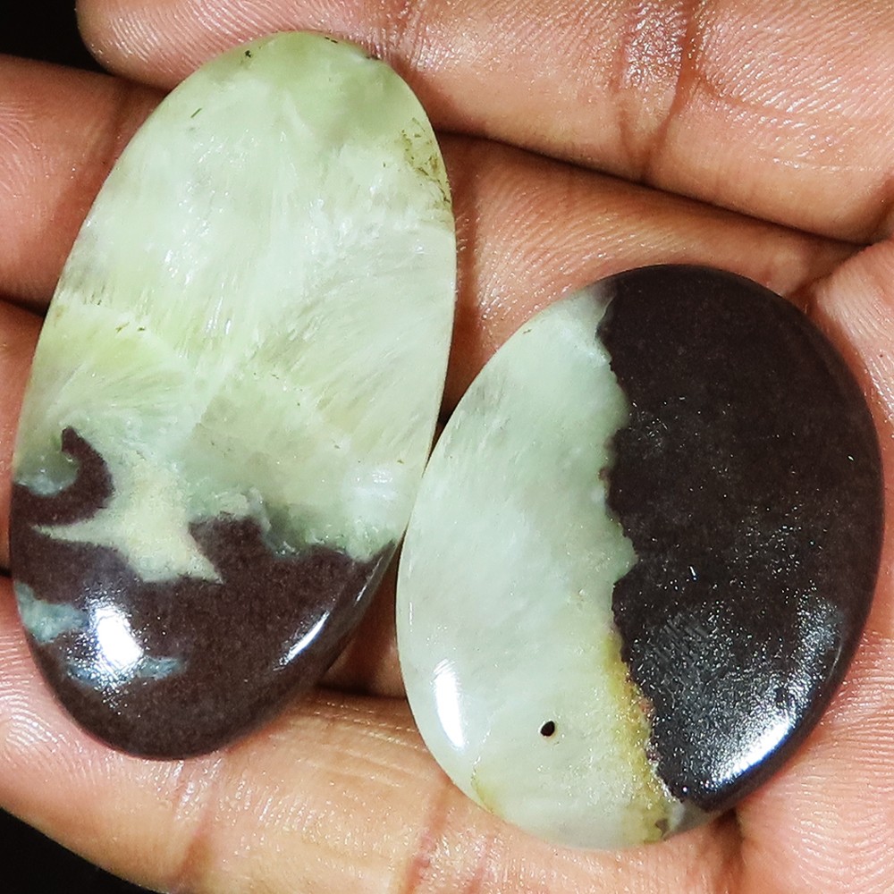 161.05 Ct Natural PREHNITE Cabochon 2 PCs Lot one Piece Drilled Gemstone jj-24