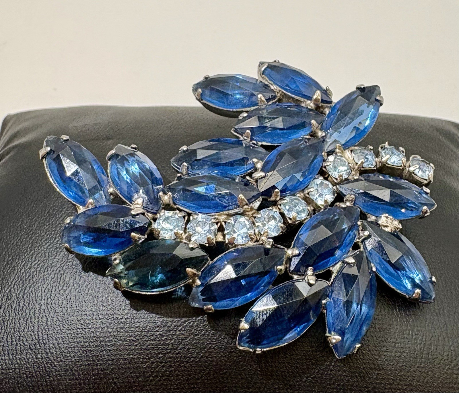 Vintage Blue Navette Rhinestone Brooch Silvertone Floral Spray Juliana Style