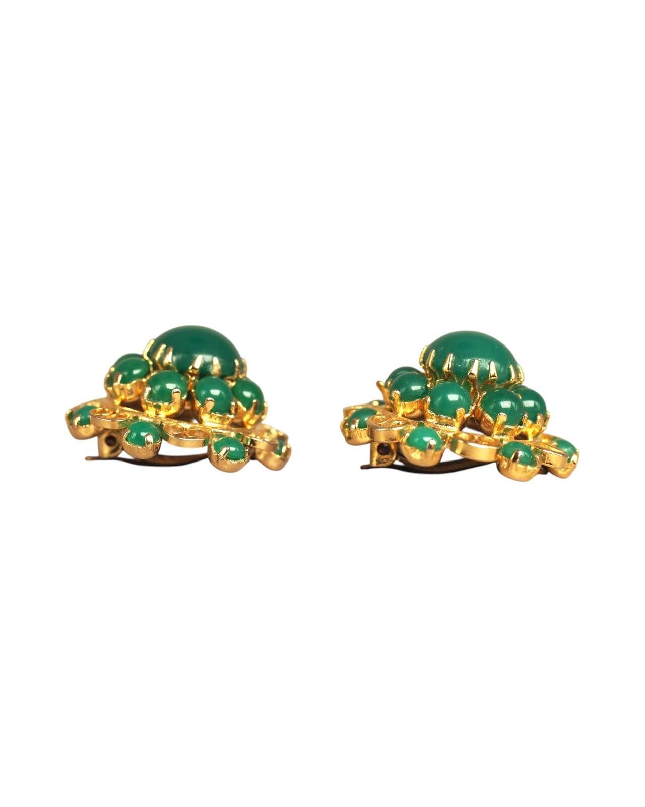 Mid-Century Gold-Tone Filigree Green Cabochon Clip-On Earrings
