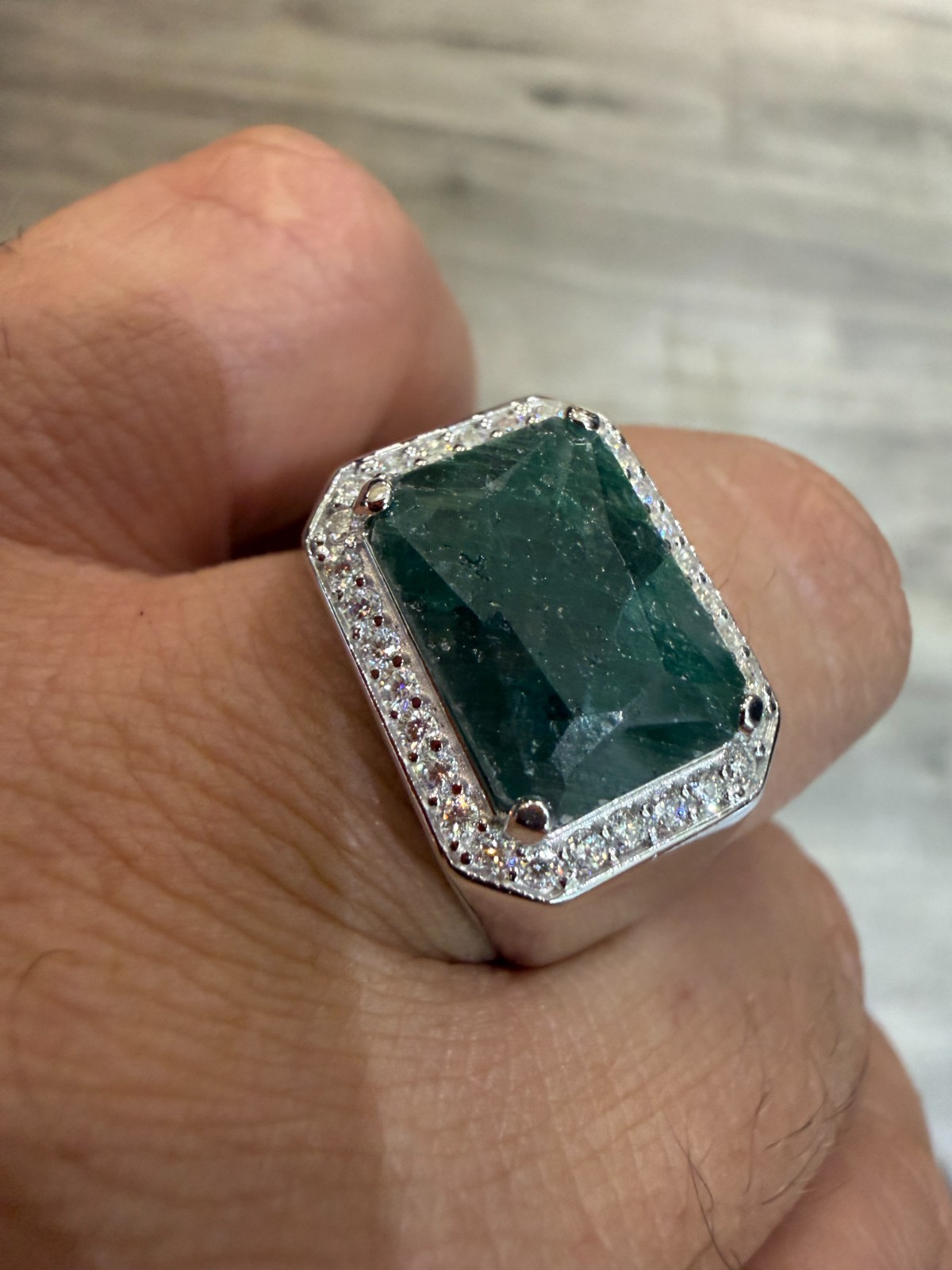 MOISSANITE Iced Natural 9ct Rectangle Green Emerald Stone Ring 925 Silver