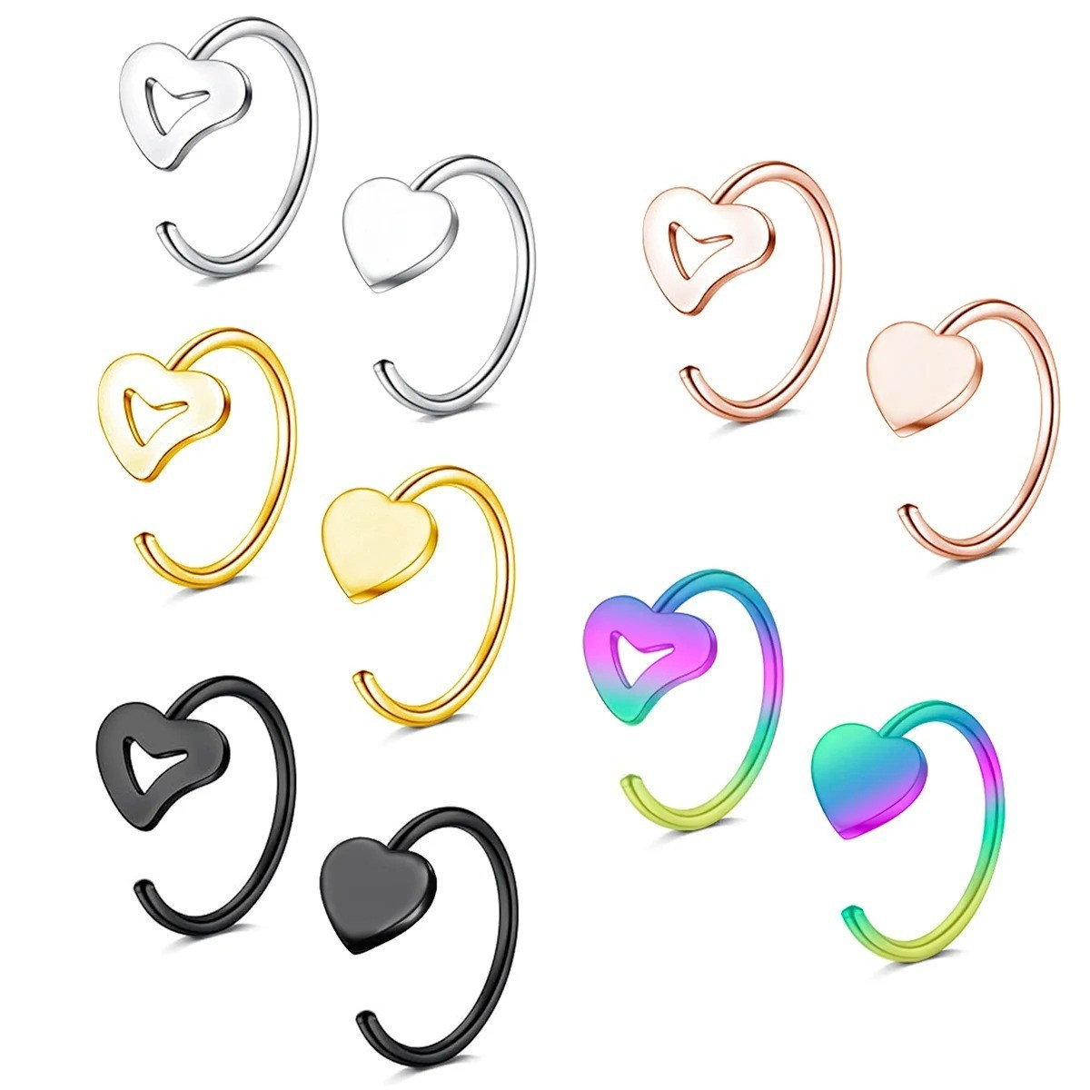 💖✨ C-Shaped Hollow Heart Nose Ring Set Stainless Steel – 2/5pcs – NEW