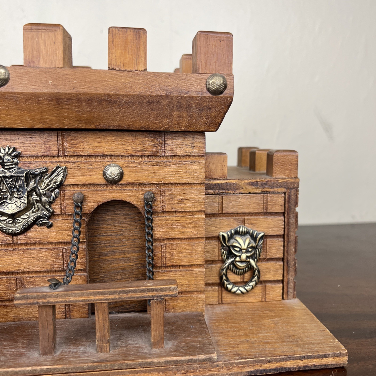 VTG Mid Century Castle Wooden Jewelry Box Red Velvet Lined 13.5″ Medieval Patina