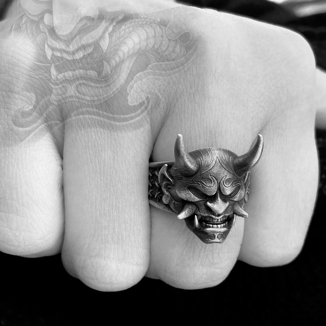 Japanese Hannya Mask Ring 925 Sterling Silver Oxidized Ring Duty Free