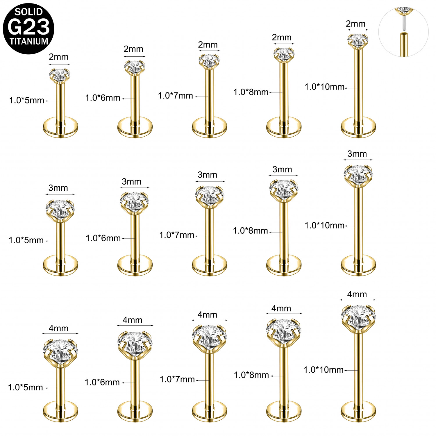 16G/18G/20G Titanium Lip Studs CZ Cartilage Earring Push in Labret Lip Piercing