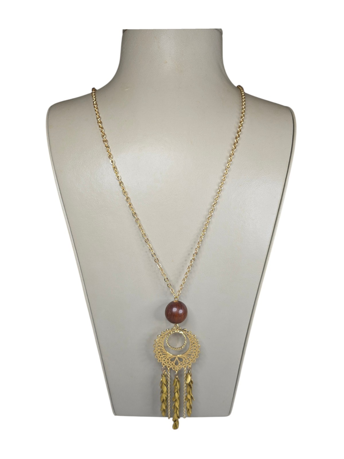Sequin Women’s Trendy Gold Tone Brown Wood Long Pendant Necklace NWT