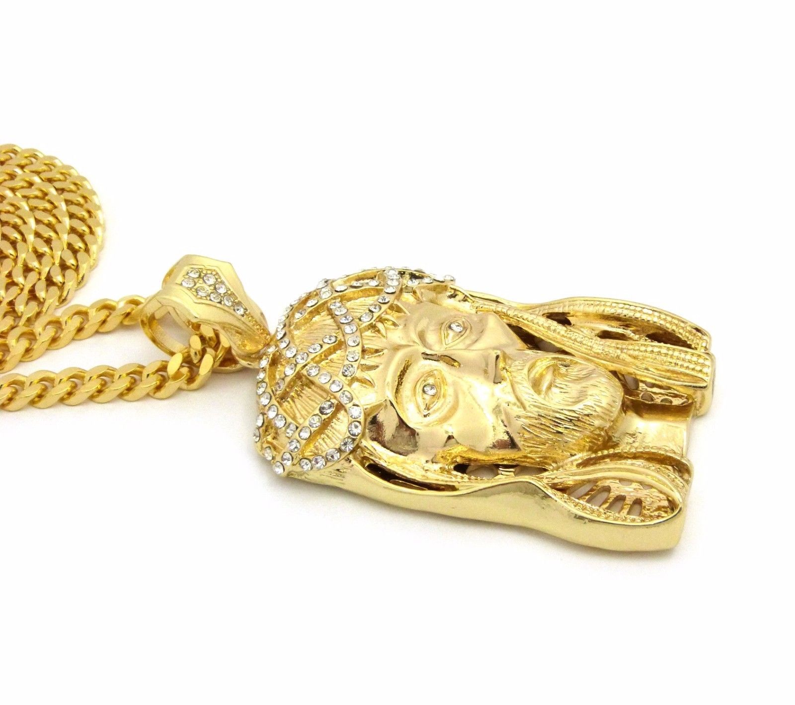 Hip Hop Iced Gold Plated Alloy Cubic Zirconia Big Jesus 30″ Cuban Chain Necklace