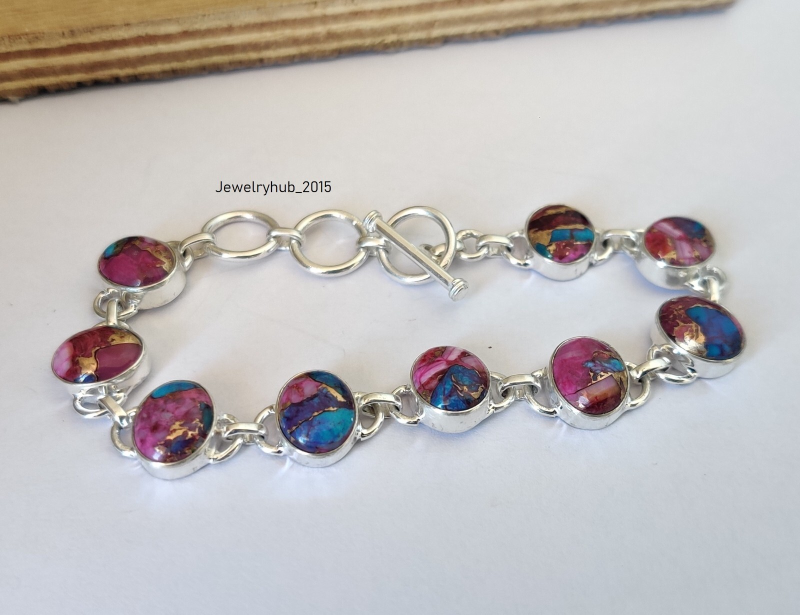 Pink Oyster Copper Turquoise Gemstone 925 Sterling Silver Bracelet MO5121