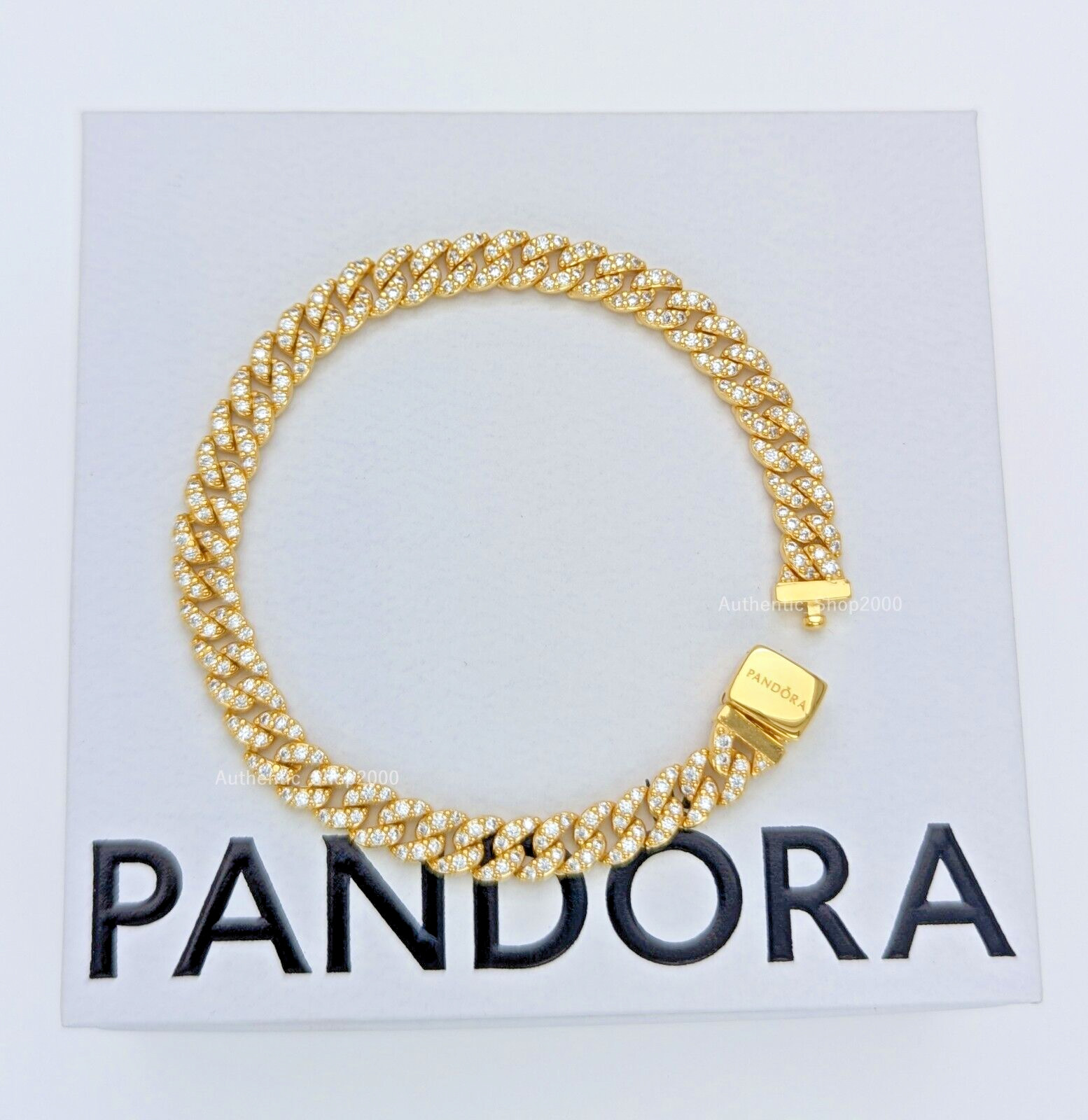 New 100% Authentic PANDORA 14K Gold Timeless Pavé Cuban Chain Bracelet 563008C01