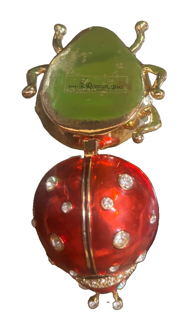 Roman Inc. Signed Red Enamel Ladybug Brooch Pin Gold Tone Clear Crystals