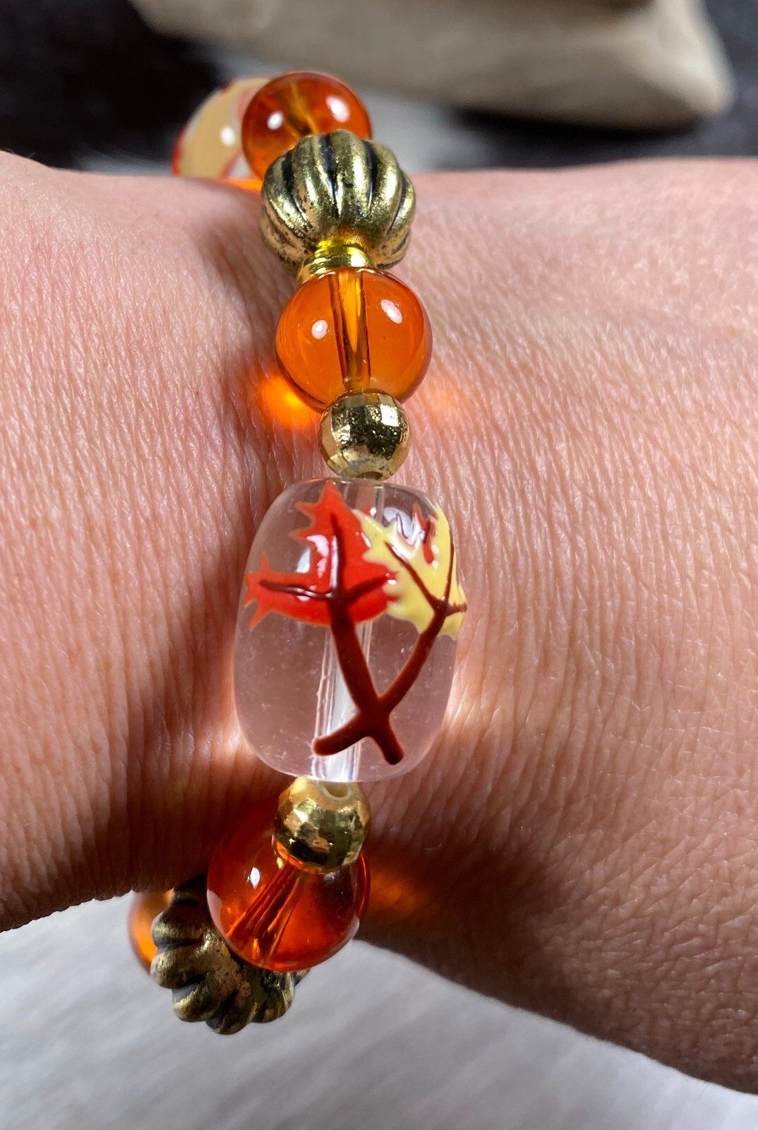 Fall Bracelet Pumpkin Maple Leaf Harvest Jewelry Beaded Gold Orange Brown