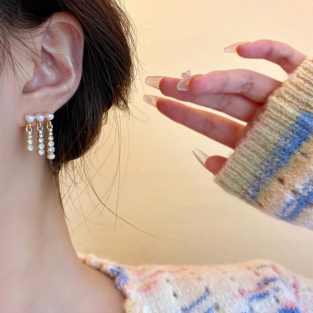 Pearl Crystal Tassel Earrings for Women Trendy Round Pearl Stud Earring Gli – 02