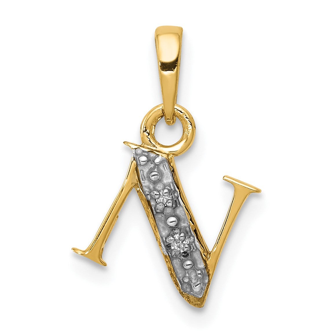 14k Yellow Gold and Rhodium Polished .01ctw Diamond Initial N Pendant
