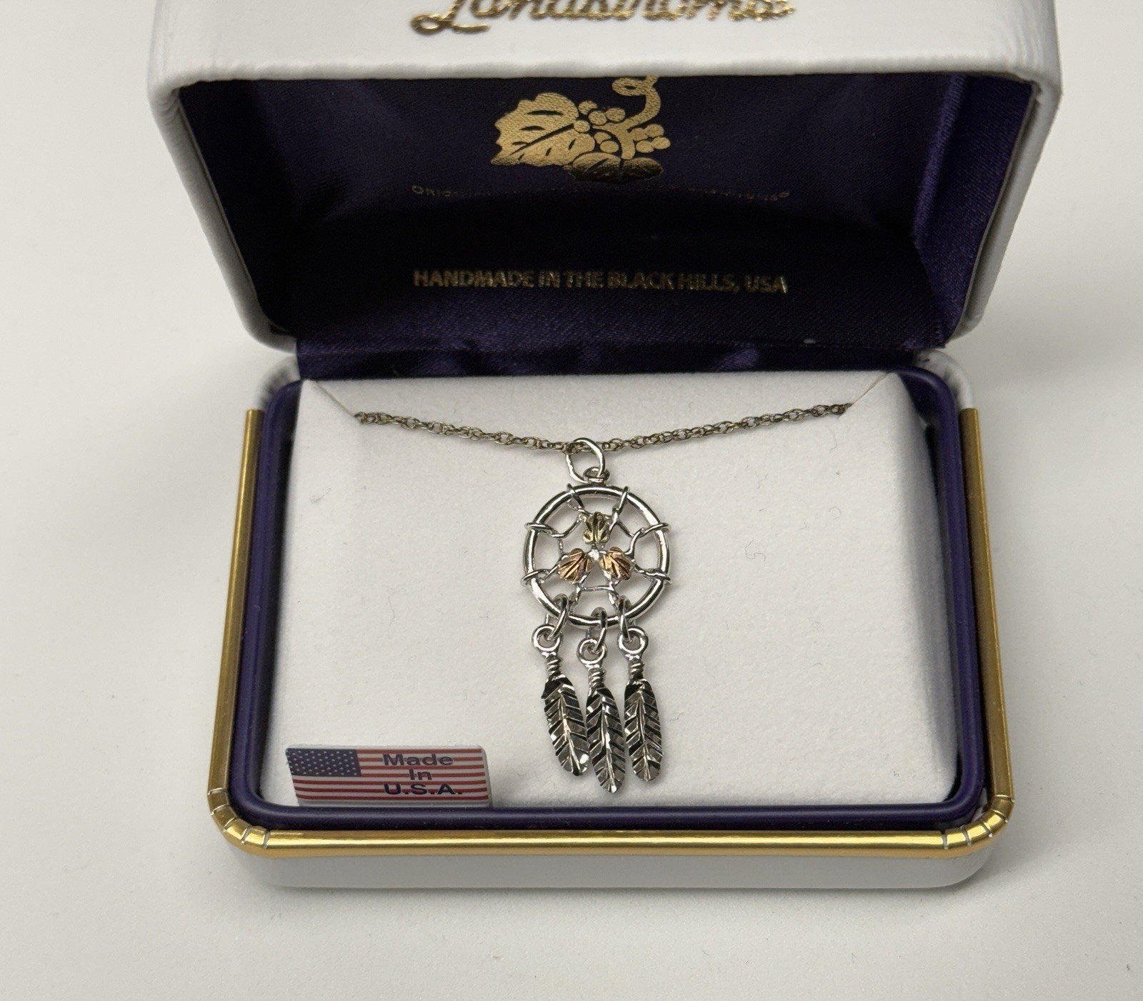 Landstrom’s Black Hills Gold 12K Solid Gold Dreamcatcher Pendant Feather 18in