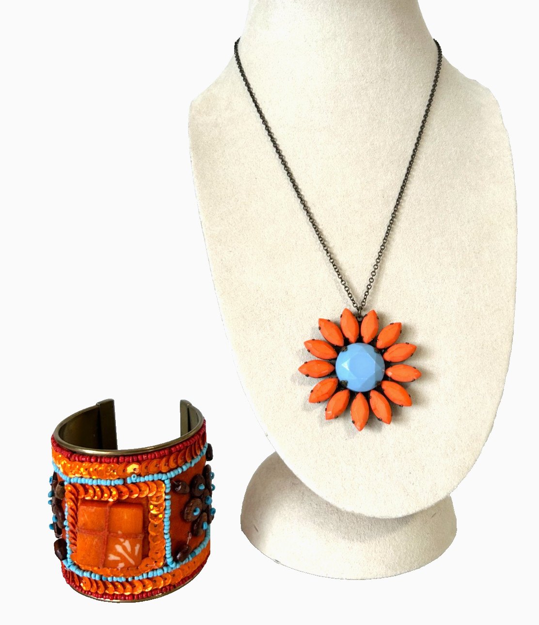 Artisan Boho Jewelry Set Orange Sequin Beaded Wide Cuff Flower Pendant Necklace