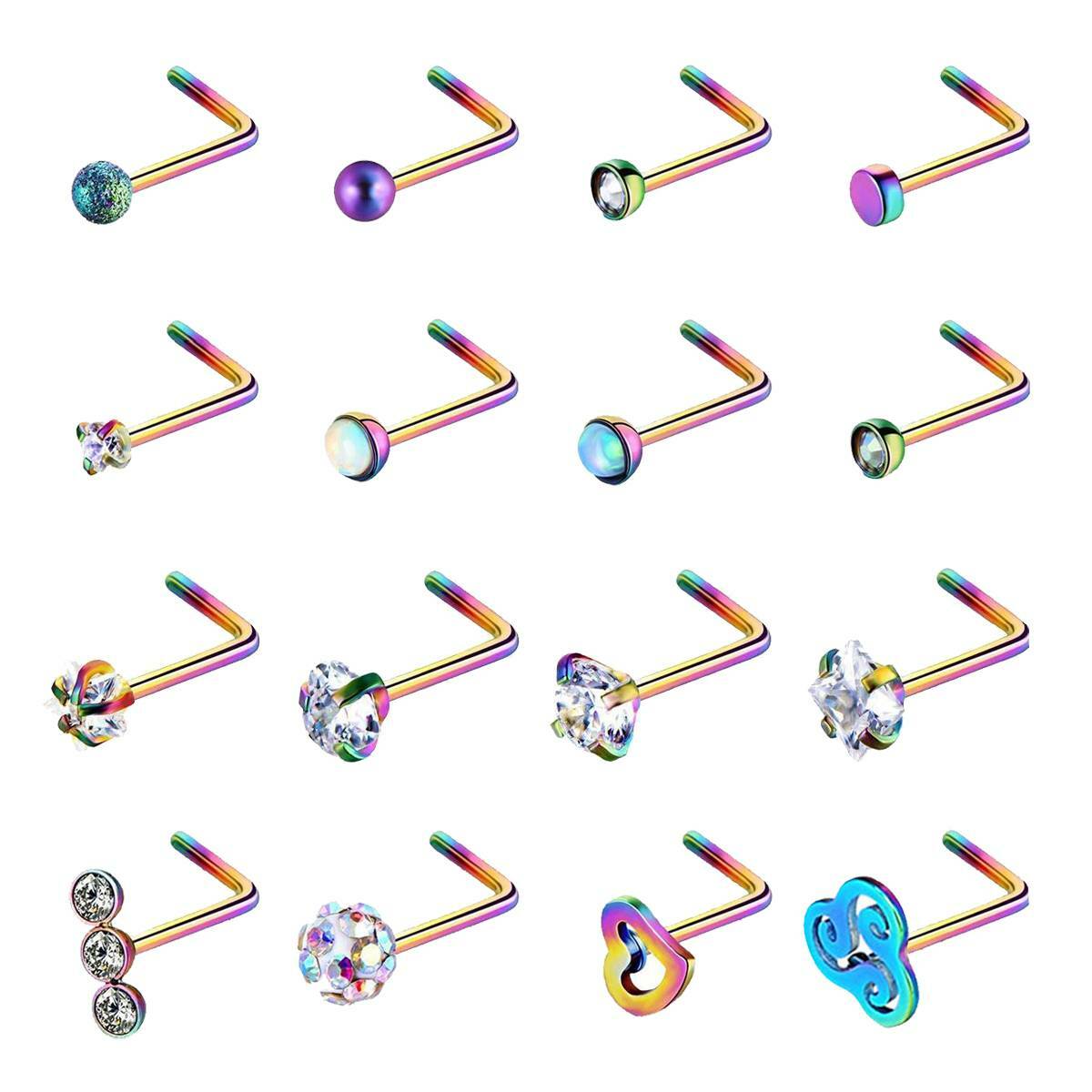 4-16PCS L Bend Nose Ring Stud 316L Steel CZ Daith Helix Ear Studs Piercing Kit