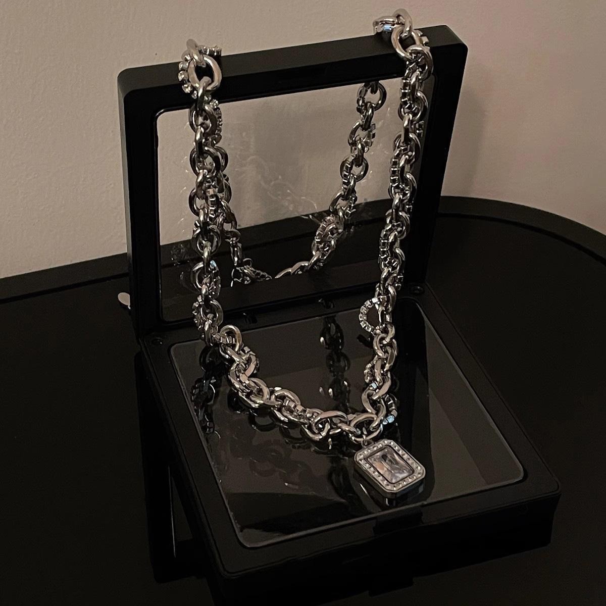 Necklace Square Zirconia Pendant Stainless Silver Unisex Street Neck Jewelry