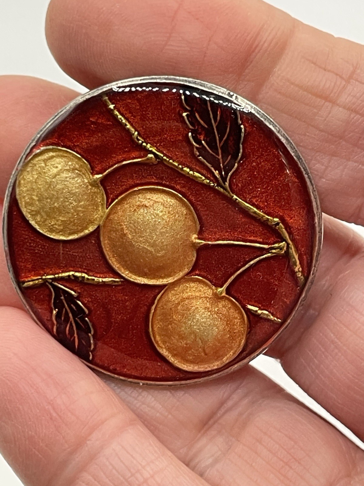 Vintage Sterling Cloisonne Brooch Fruit Cherry Enamel