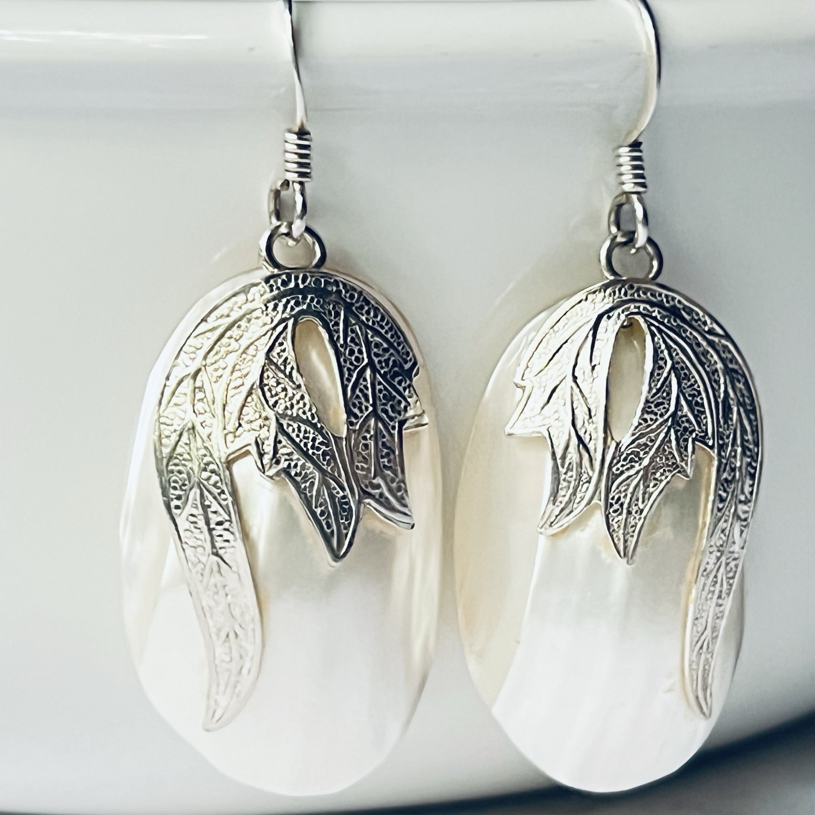 Estate Vintage Sterling Silver 925 Shell Dangle/drop Earrings