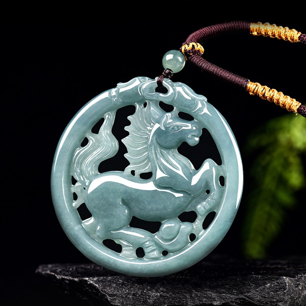 Certified Grade A Blue Water Burma Jade jadeite Zodiac Horse Pendant Necklace