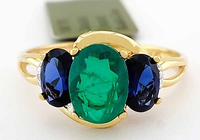 GENUINE 2.11 Cts EMERALD, BLUE SAPPHIRE & DIAMOND RING 10k YELLOW GOLD – NWT
