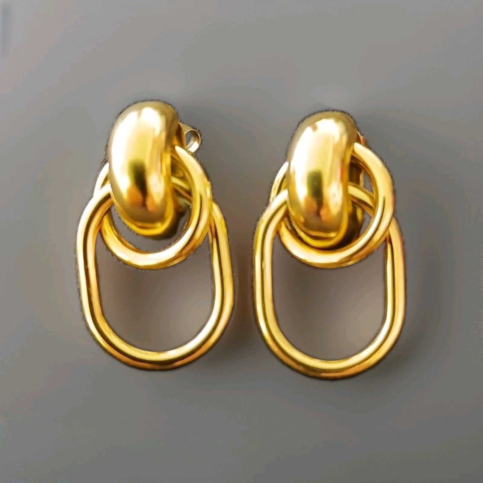 Gold Tone Double Oval Link Dangle Drop Stud Earrings, Butterfly Closure