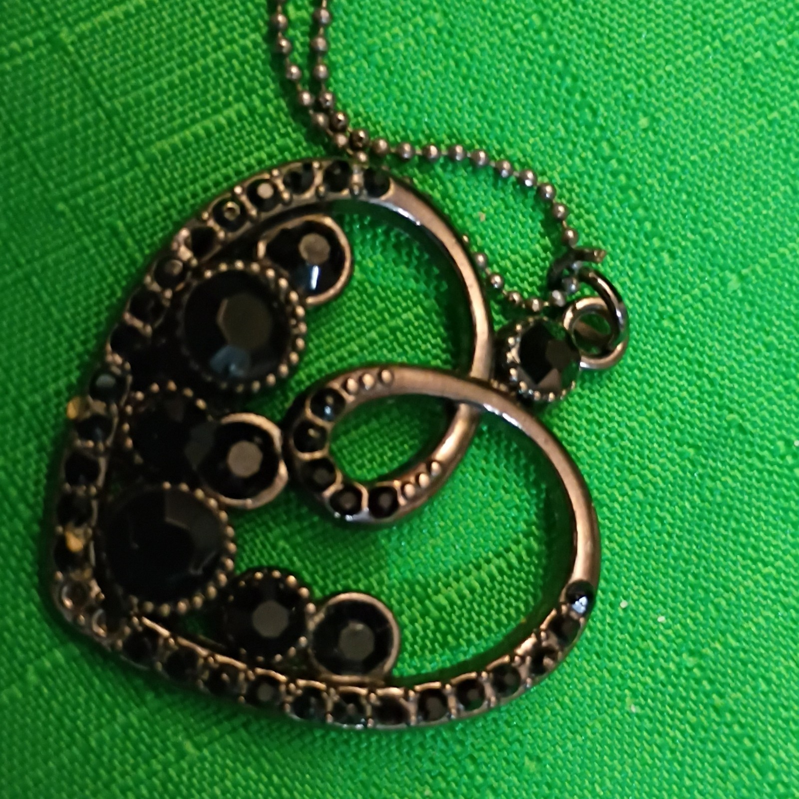 Black Crystal Heart Charm Pendant Necklace Silver Tone Ball Chain Lobster Clasp