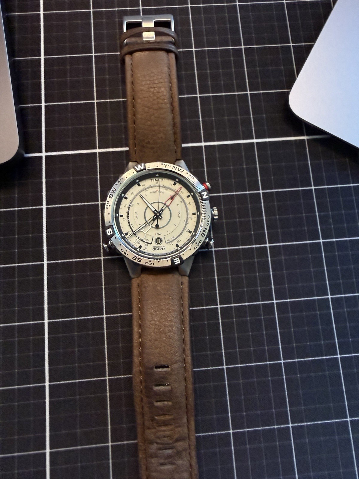 Timex Intelligent Quartz Compass Tide Tracker Beige Dial Leather Wristwatch
